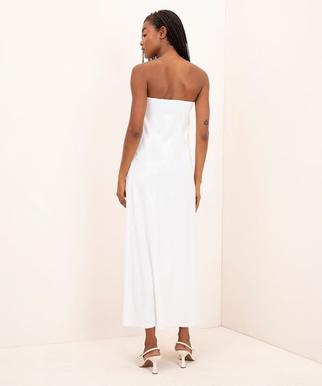 vestido midi de paetê decote reto sem alças mindset branco