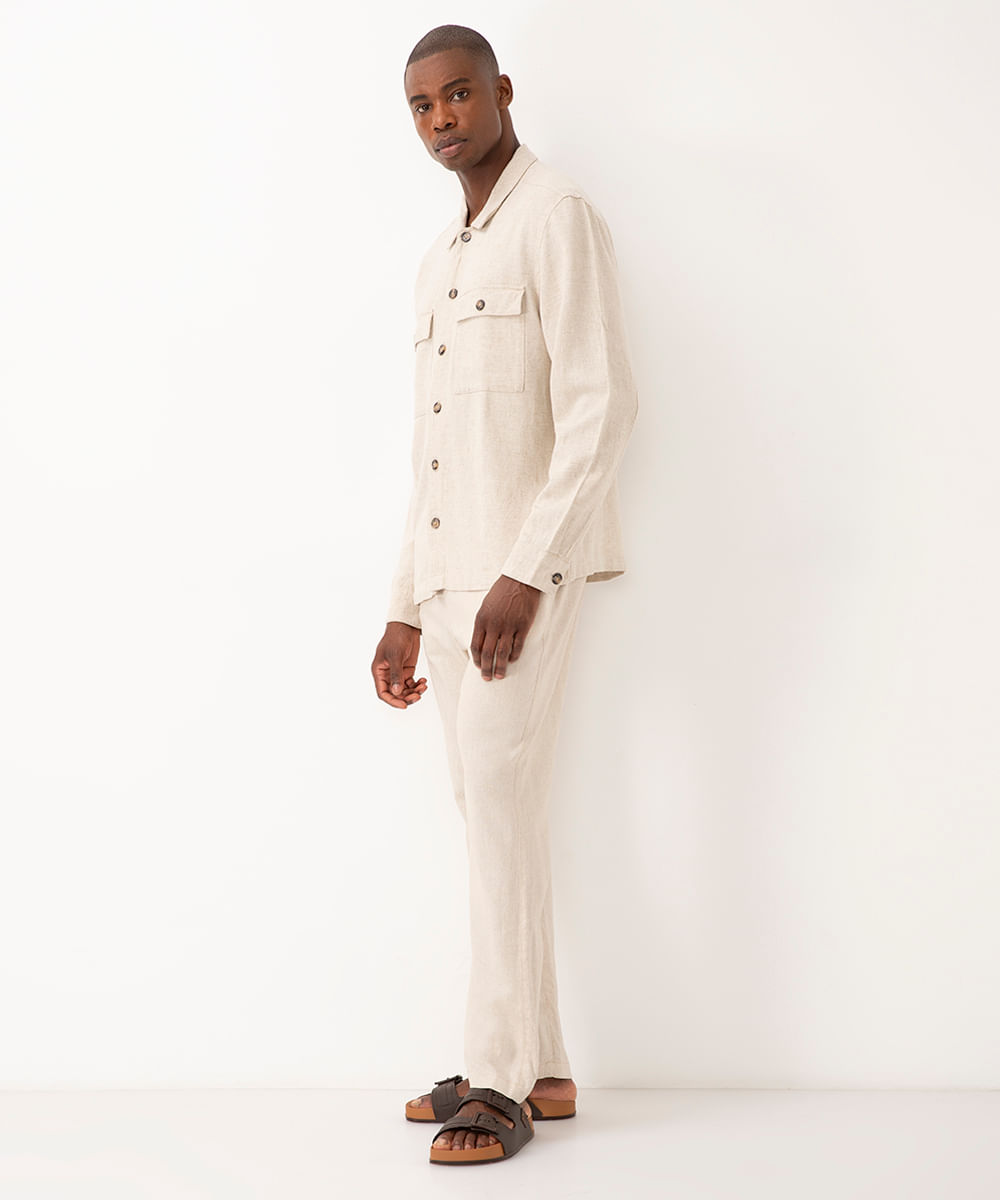 camisa comfort com linho manga longa kaki