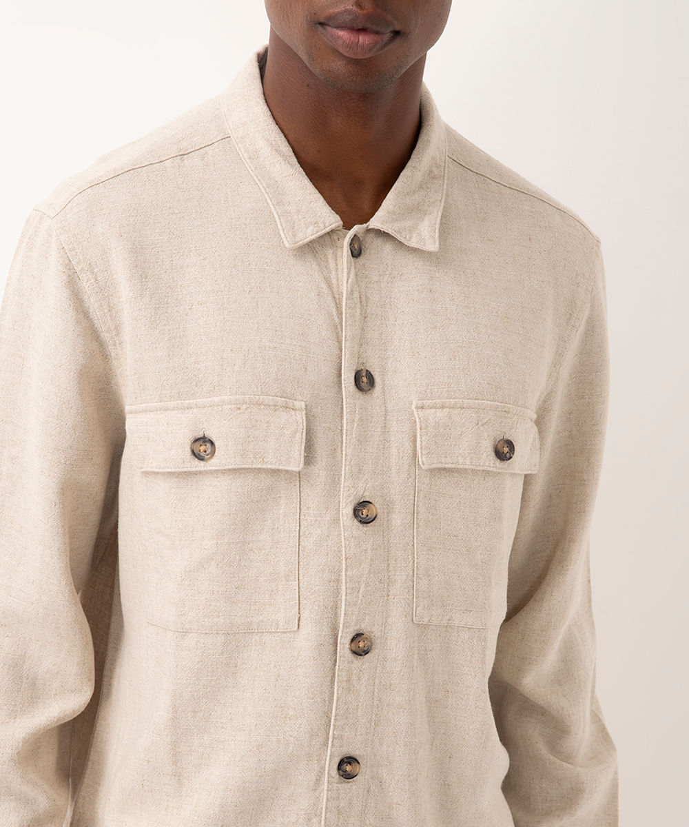 camisa comfort com linho manga longa kaki