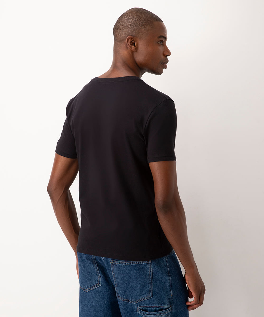camiseta de algodão básica com bolsos manga curta preto