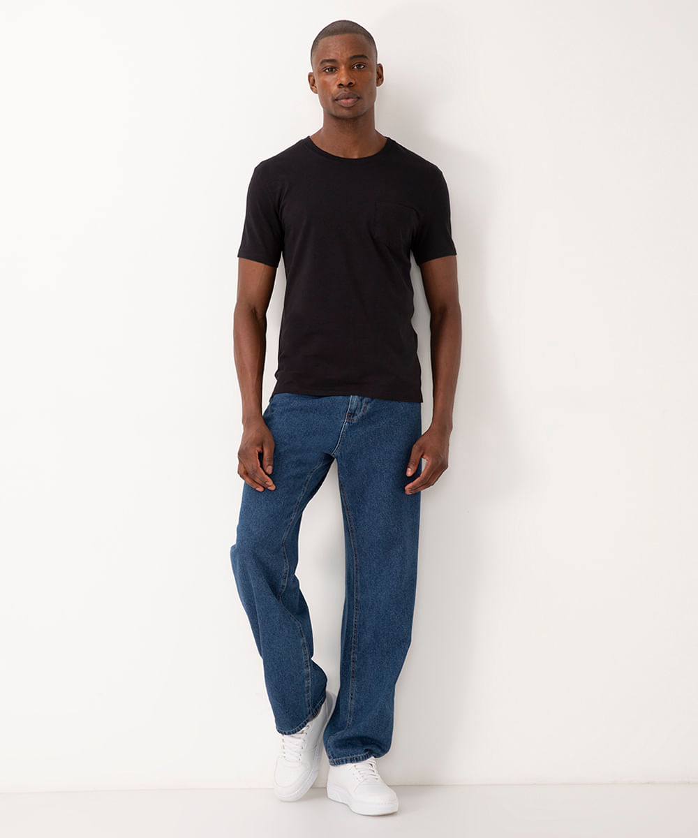 camiseta de algodão básica com bolsos manga curta preto