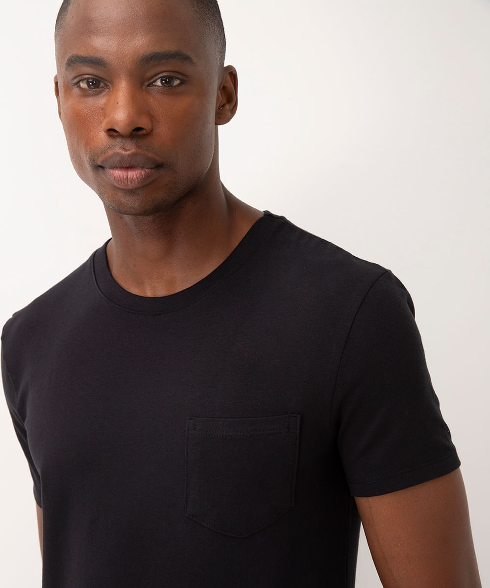 camiseta de algodão básica com bolsos manga curta preto