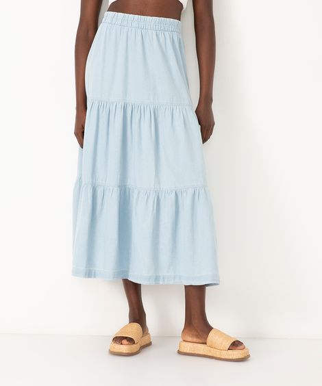 saia jeans midi com recorte cintura alta com elástico azul médio