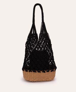 bolsa bucket com crochê e cestaria preto - preto
