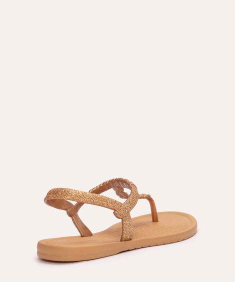 sandália reluzente flat texturizada grendha dourado