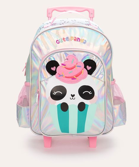 mochila de rodinha infantil cute panda holográfica colorido