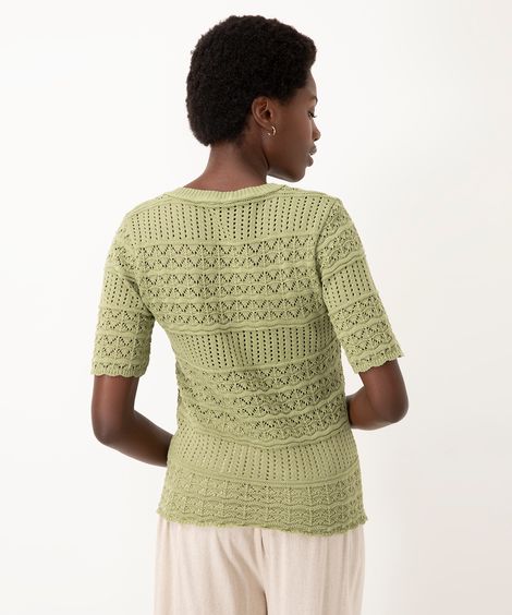 blusa de tricot gola redonda manga curta verde militar
