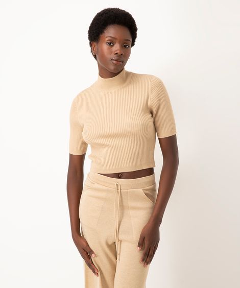 cropped de tricot gola alta manga curta kaki
