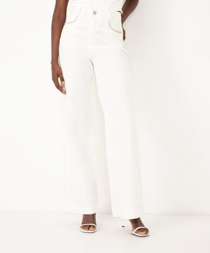 calça de sarja wide leg cintura alta com strass sawary off white
