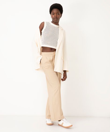 calça de viscose wide leg cintura alta com elástico bege