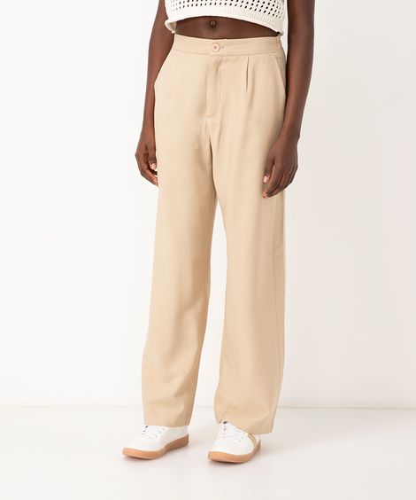 calça de viscose wide leg cintura alta com elástico bege