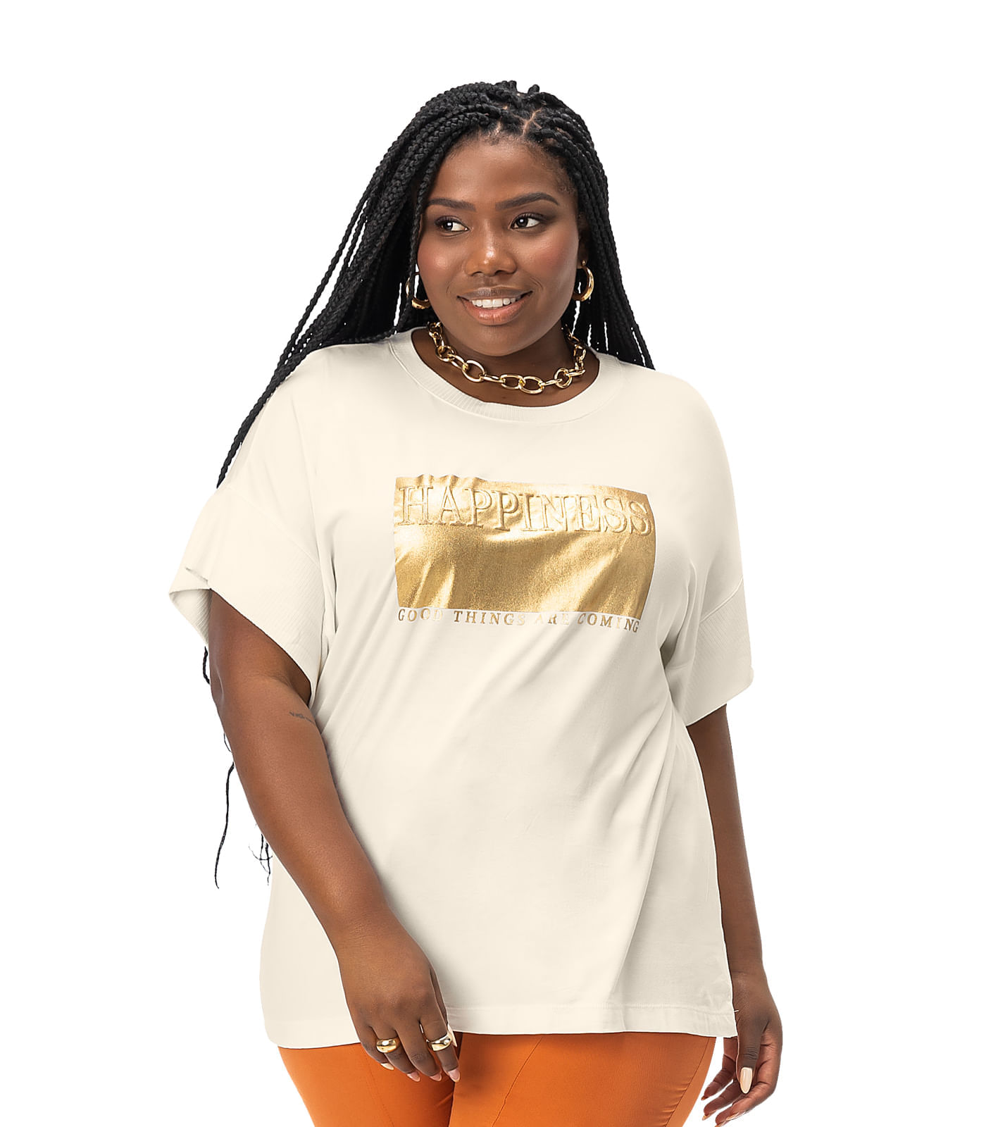 Blusa Feminina Plus Size Gola Dupla Secret Glam Bege