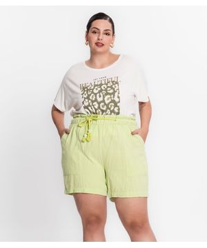 Shorts Feminino Plus Size Em Linho Secret Glam Verde