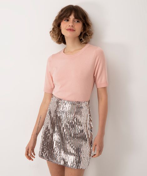 blusa cropped de tricot manga curta cinza - rosa claro