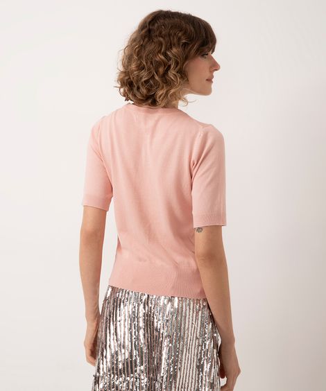 blusa cropped de tricot manga curta cinza - rosa claro