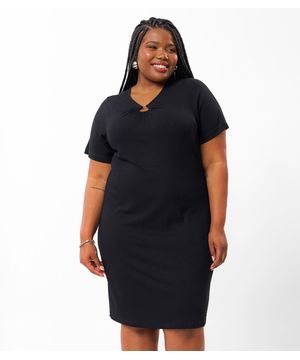 Vestido Plus Size Em Ribana Canelada Secret Glam Preto