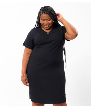 Vestido Plus Size Em Ribana Canelada Secret Glam Preto