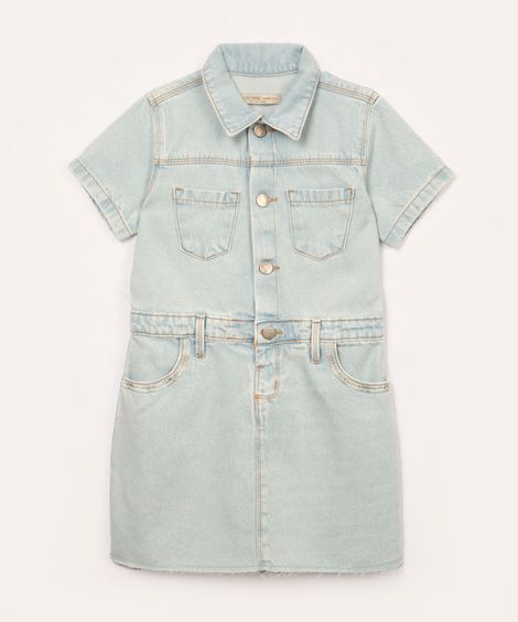 vestido jeans infantil com bolsos manga curta azul claro