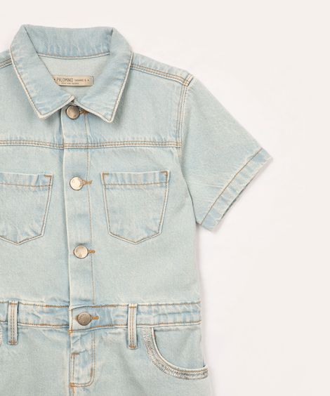 vestido jeans infantil com bolsos manga curta azul claro