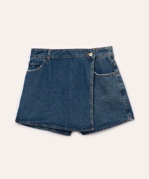 short saia jeans juvenil transpassado com botões azul médio