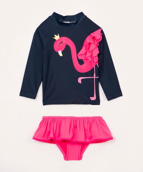 conjunto de praia infantil flamingo manga longa com proteção uv azul marinho