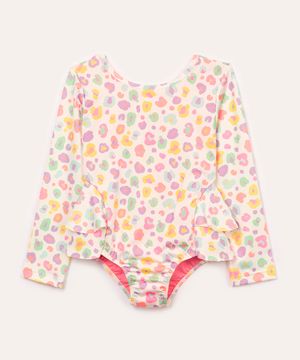 maiô infantil animal print com babado manga longa proteção uv  colorido