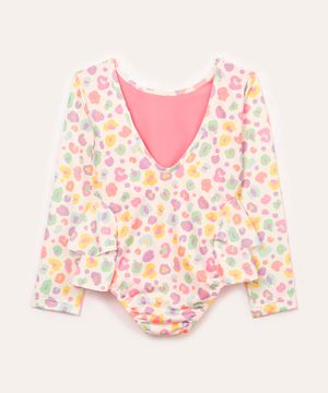 maiô infantil animal print com babado manga longa proteção uv  colorido