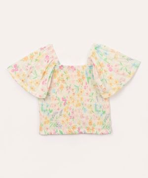 blusa cropped infantil de lastex floral manga babado  colorido