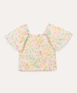 blusa cropped infantil de lastex floral manga babado  colorido