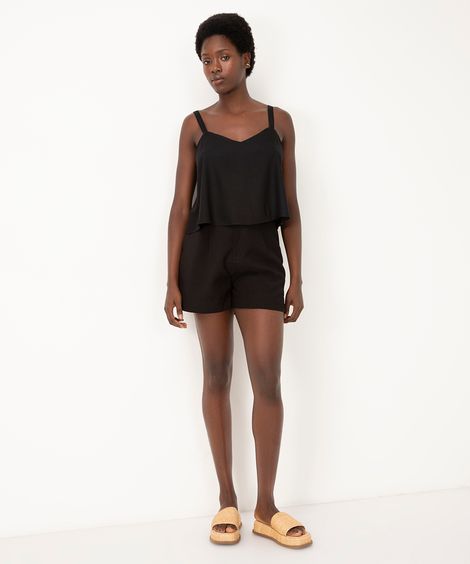 short de viscose alfaiataria cintura alta com elástico preto