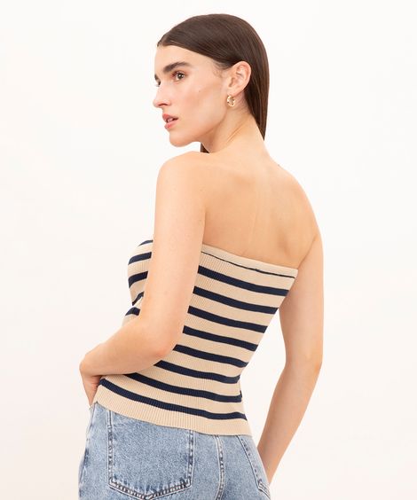 blusa de tricot sem alça listrada mindset azul marinho