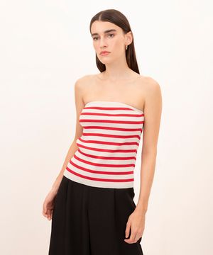 blusa de tricot sem alça listrada mindset vermelha