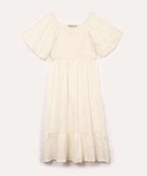 vestido infantil texturizado com brilho manga curta off white