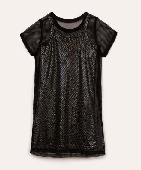 vestido de tule infantil com brilho manga curta preto