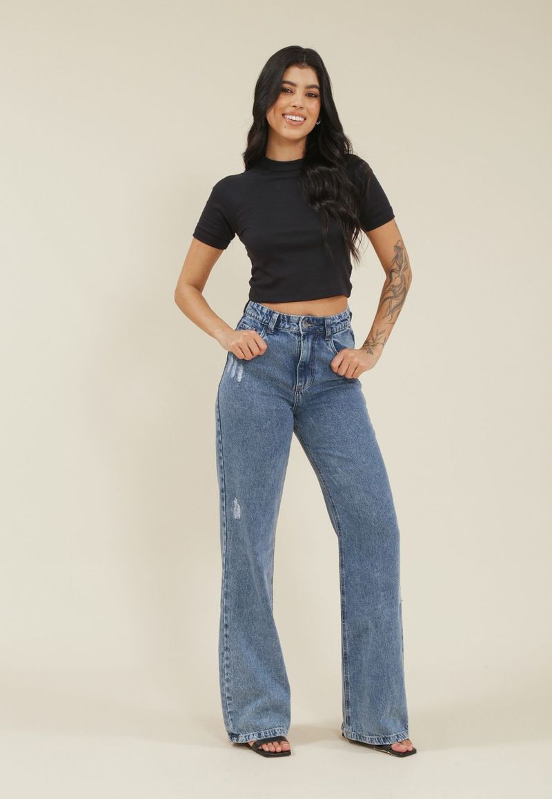 calça jeans wide leg cintura alta com puídos azul pop me - C&A