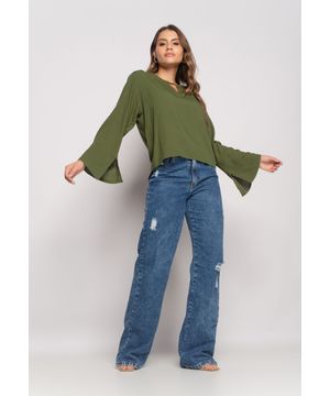 Blusa Manga Longa Flare Viscolinho Verde Salvatore