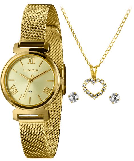 kit relógio analógico lince LRGH178L28 com colar e brincos dourado