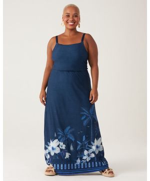 Vestido Feminino Plus Size Midi Flores Alças Finas Em Viscose Stretch Azul