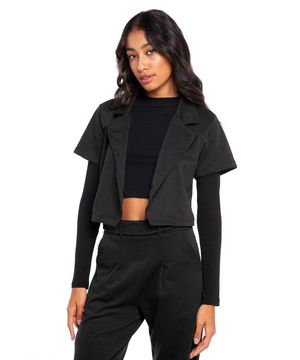 Blazer Cropped Feminino Malha Collection Liso Polo Wear Preto