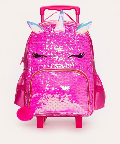 mochila de rodinha infantil unicórnio de paetê rosa