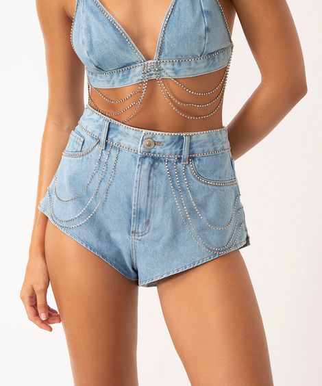 short jeans hot pant com strass cintura super alta azul