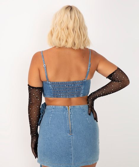 cropped jeans com flores alça fina strass azul médio
