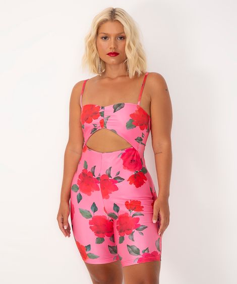 macaquinho cut out floral alça fina rosa chiclete