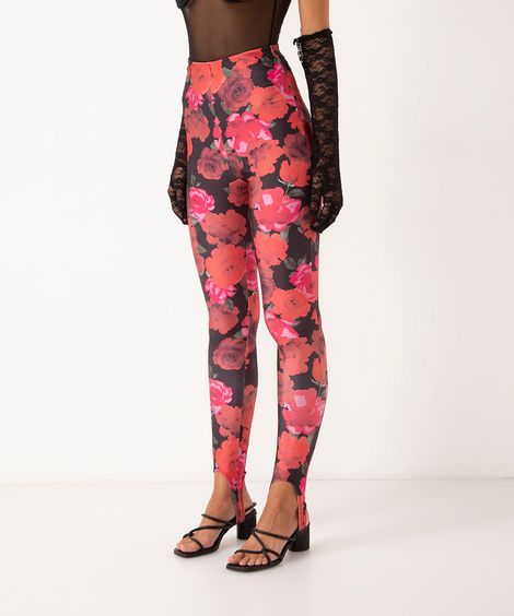 calça legging floral com pezinho cintura alta preta