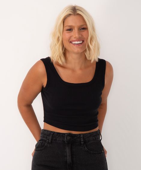 cropped de algodão canelado off white - preto