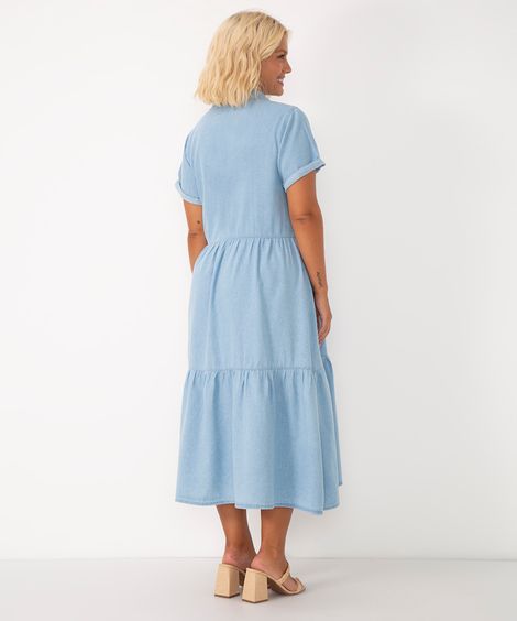 vestido midi jeans com recortes manga curta azul claro