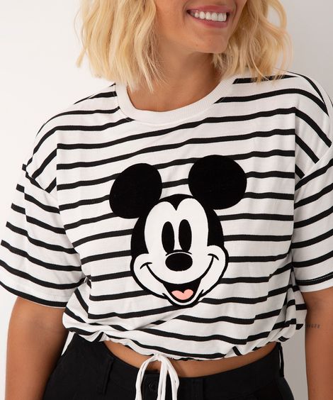 cropped de algodão mickey listrado manga curta off white