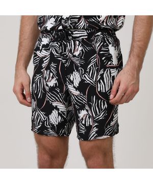 Short Tactel Estampa Folhagem Masculino Preto