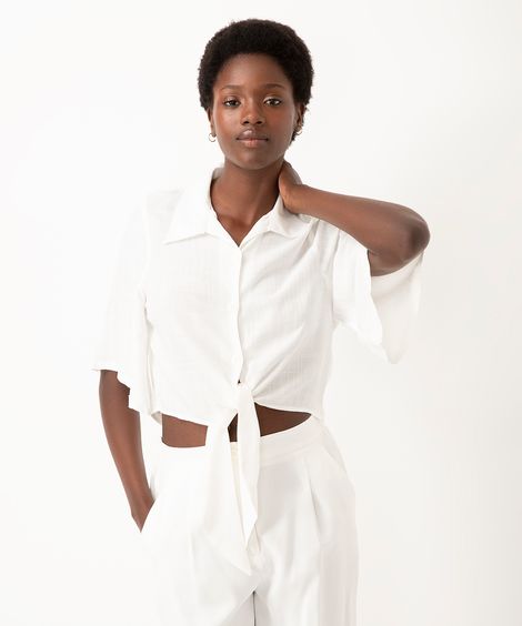 camisa cropped feminina de viscose com amarração branca