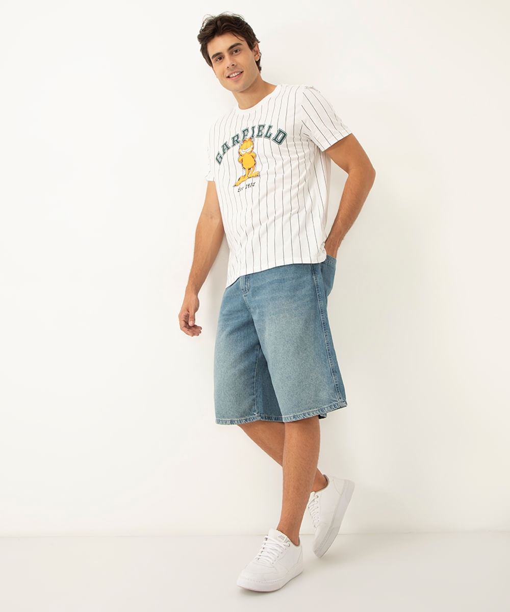 camiseta de algodão garfield listrada manga curta off white